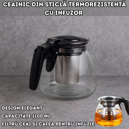 Ceainic din sticlă termorezistentă cu infuzor din inox – 1100 ml