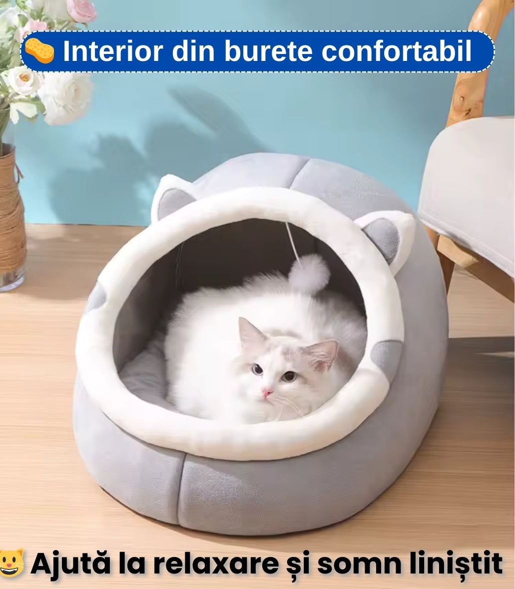 Pat pentru Pisici – Design Semi-Închis Gri, Moale, Călduros și Rezistent