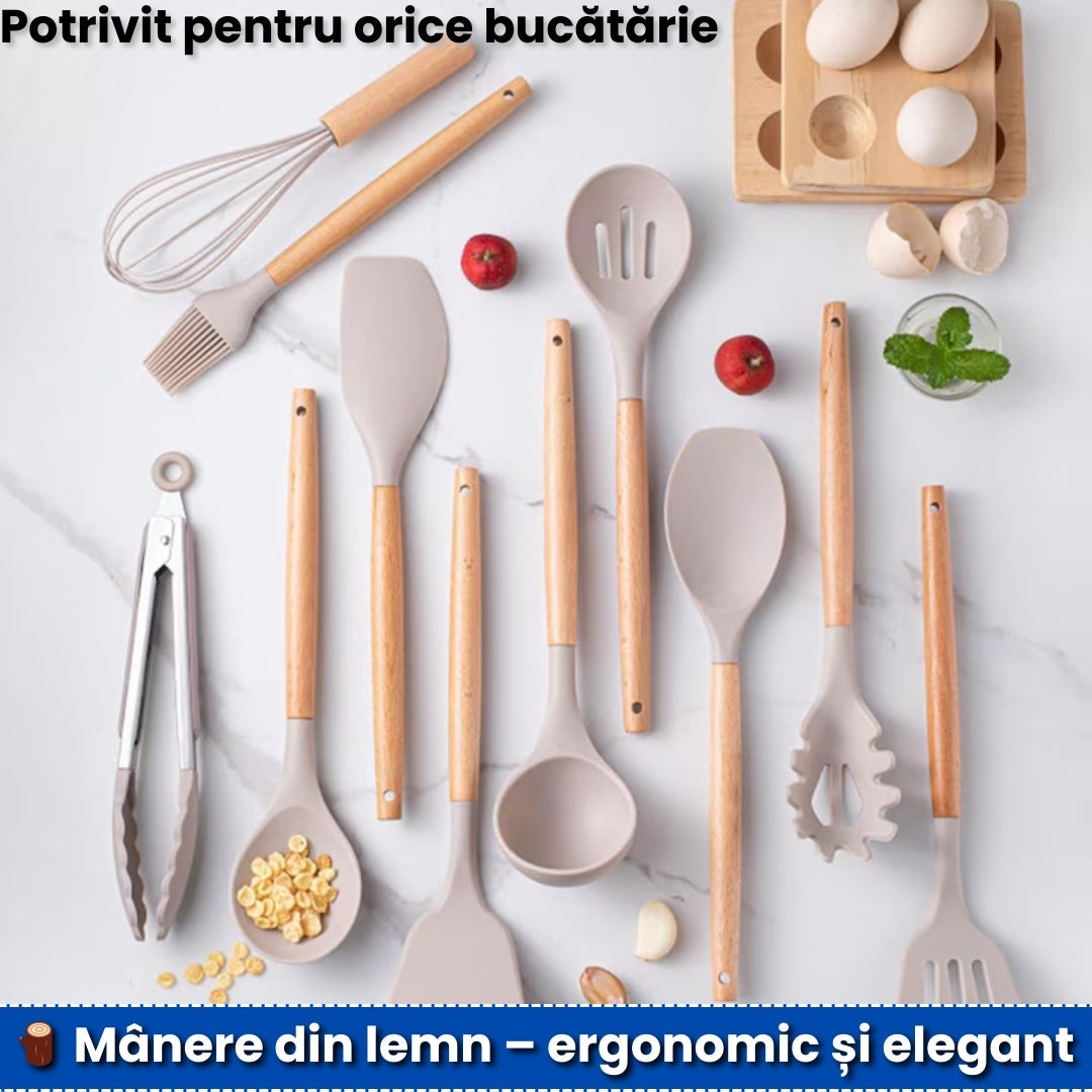 Set 12 Ustensile Bucătărie – Silicon & Lemn, Termorezistente