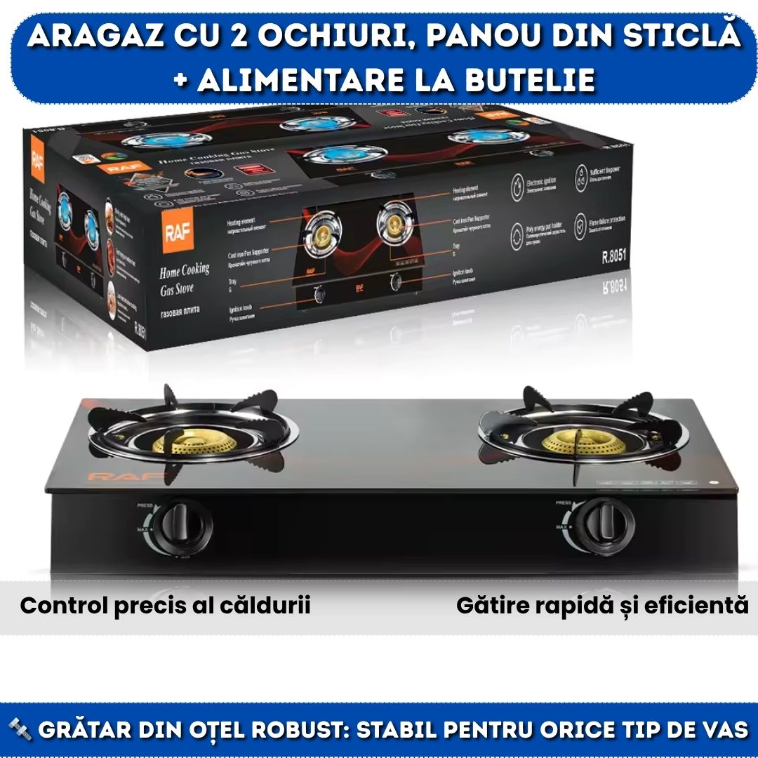 Aragaz cu 2 Ochiuri din Sticlă Termorezistentă – Alimentare la Butelie, Model Premium
