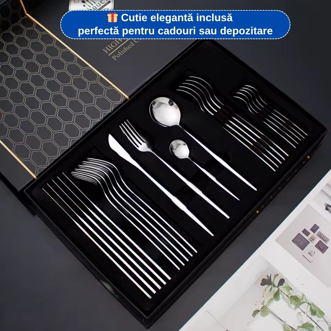 Set Lux 24 Tacâmuri din Inox cu Finisaj Argintiu + Cutie Elegantă