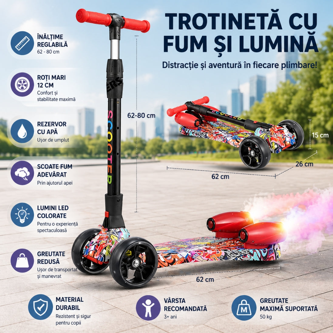 Trotinetă cu Abur pentru Copii – Sunete, Lumini și Distracție