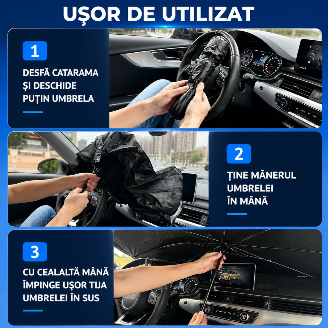 Set de 2 Parasole Auto Tip Umbrelă – Protecție UV + Interior Răcoros, Montare în 3 Secunde