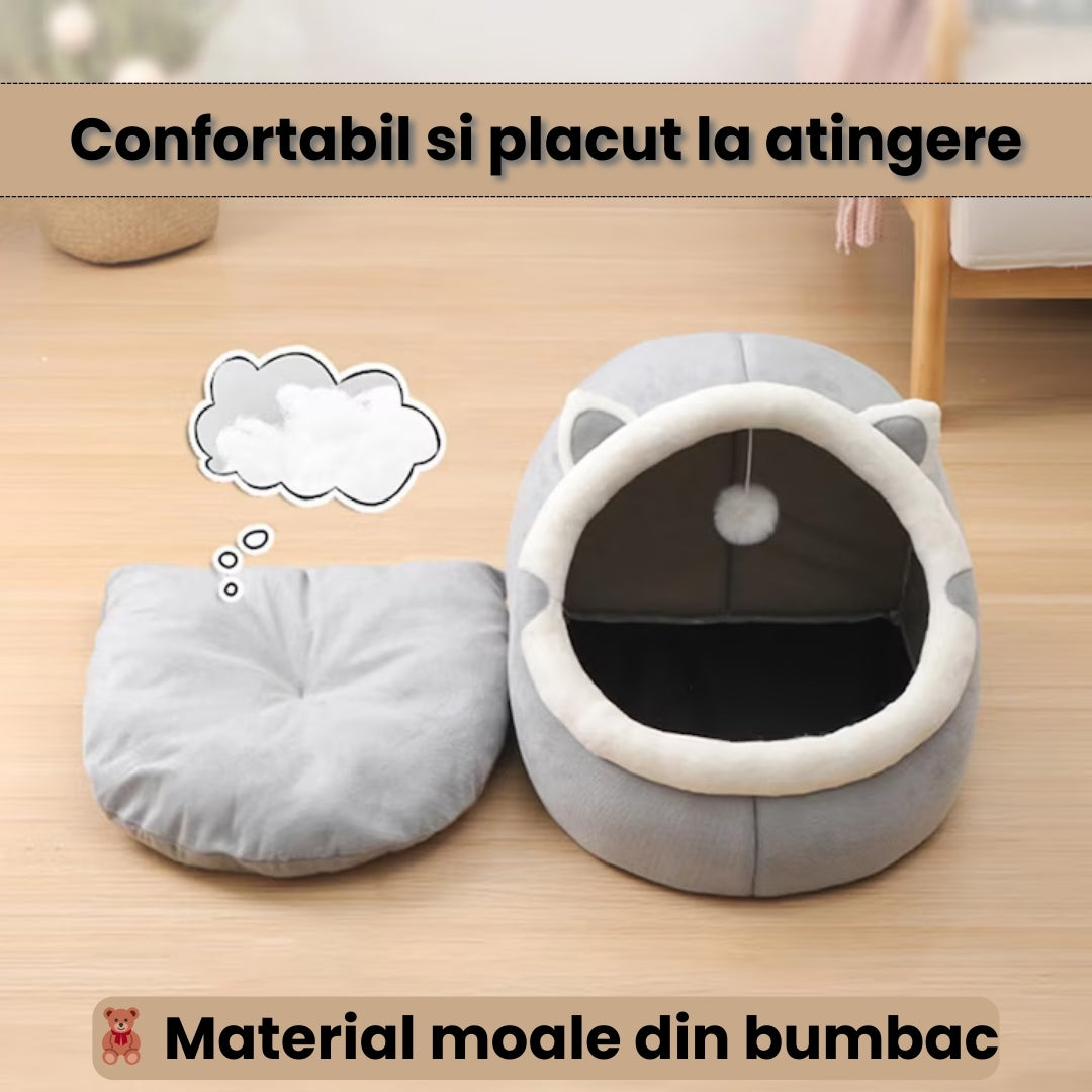 Pat pentru Pisici – Design Semi-Închis Gri, Moale, Călduros și Rezistent