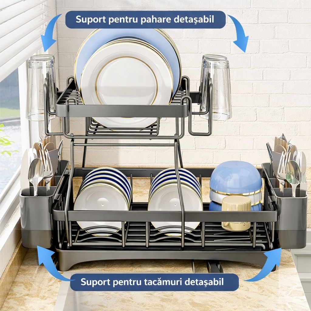Raft Scurgere Vase cu Două Etaje, Organizator Bucătărie cu Tavă Colectare Apă