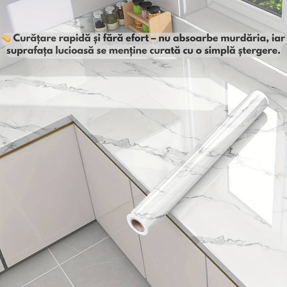 Folie Autocolantă Marmură Alba/Neagră - 60×300 cm – Protecție Elegantă și Durabilă pentru Mobilă și Blaturi