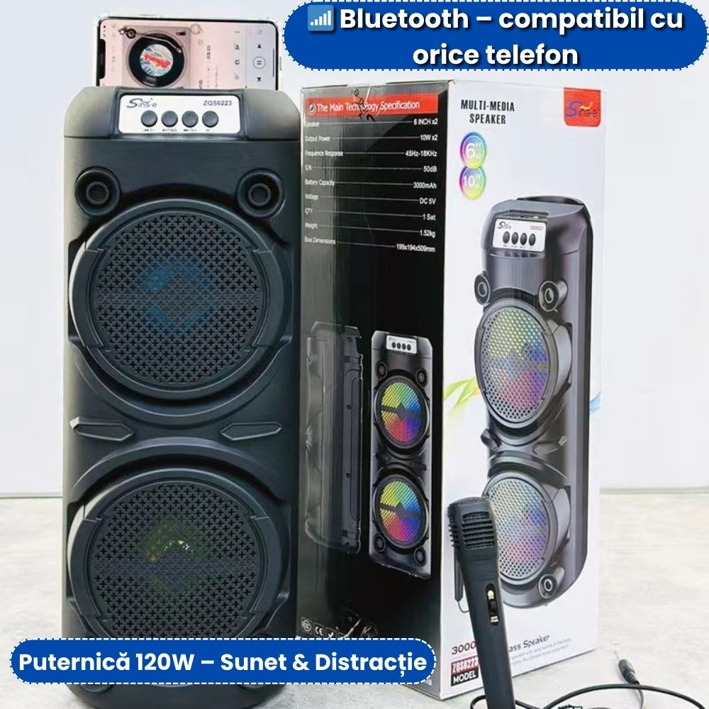 Boxă Portabilă 120W cu Lumini RGB – Sunet Puternic & Microfon Inclus