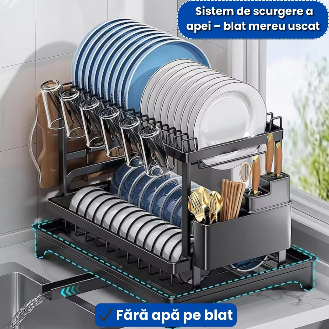 Suport Vase Metalic cu Două Niveluri – Scurgător cu Tavă și Suport Tacâmuri