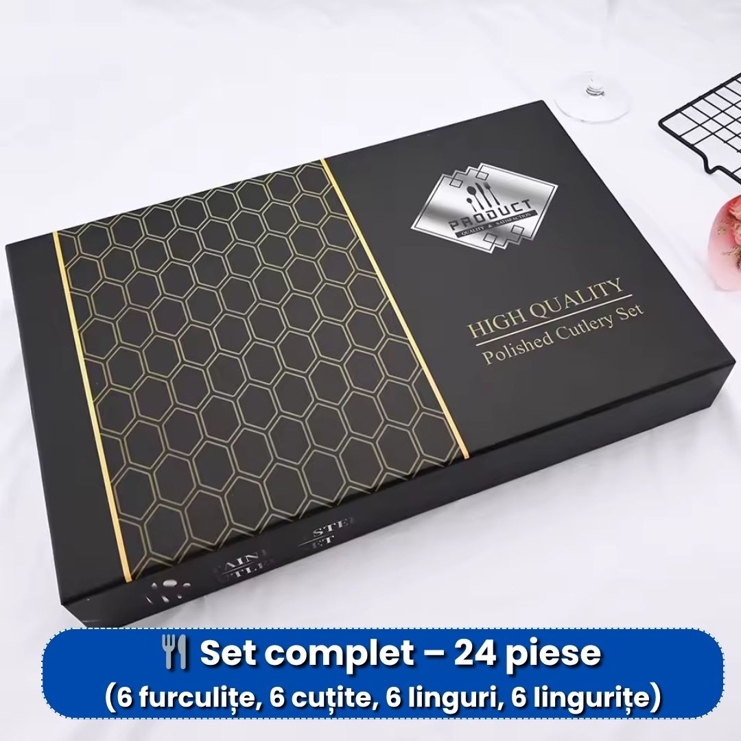Set Lux 24 Tacâmuri din Inox cu Finisaj Argintiu + Cutie Elegantă