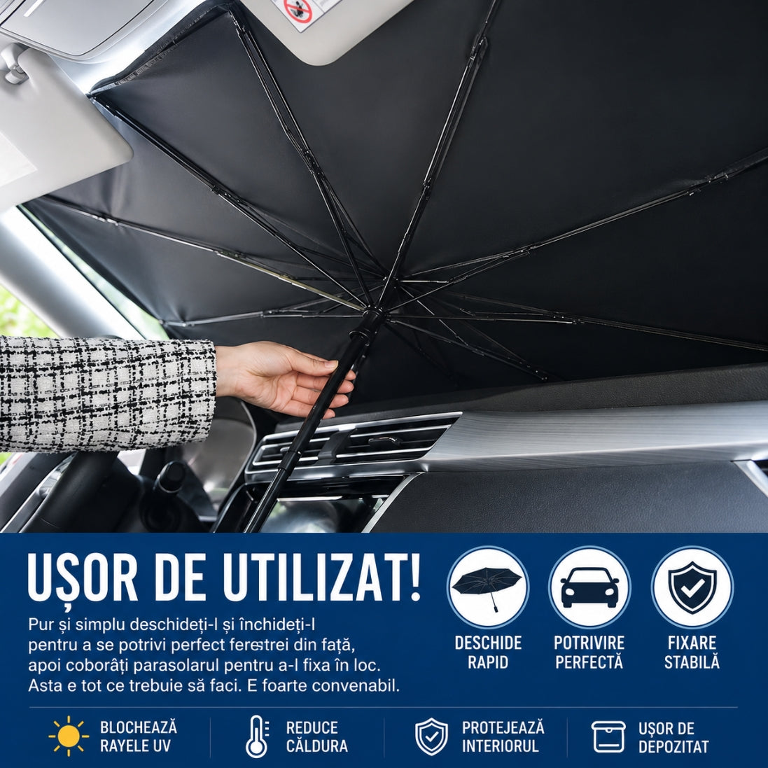 Set de 2 Parasole Auto Tip Umbrelă – Protecție UV + Interior Răcoros, Montare în 3 Secunde