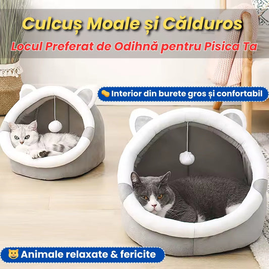 Pat pentru Pisici – Design Semi-Închis Gri, Moale, Călduros și Rezistent