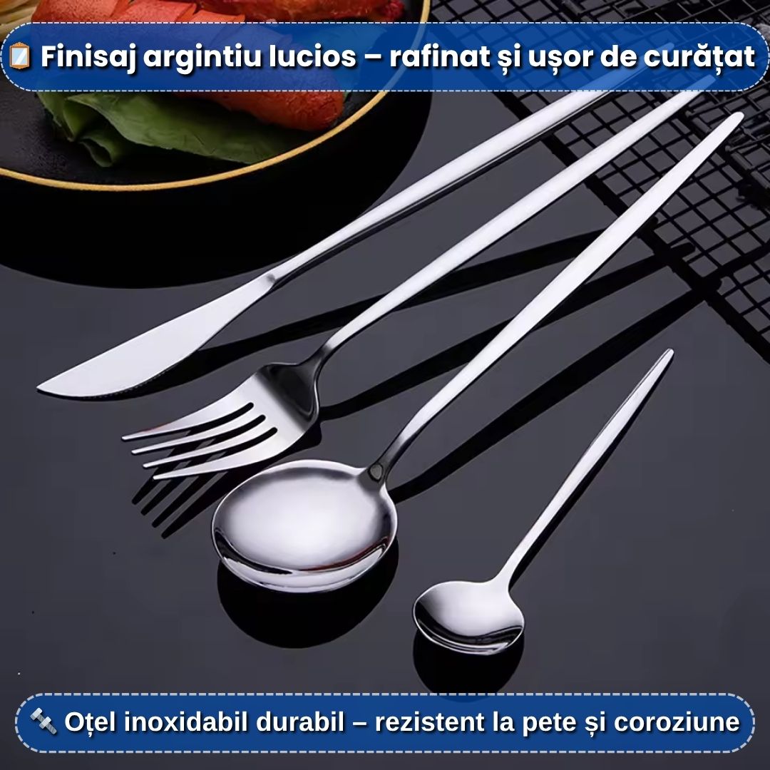 Set Lux 24 Tacâmuri din Inox cu Finisaj Argintiu + Cutie Elegantă