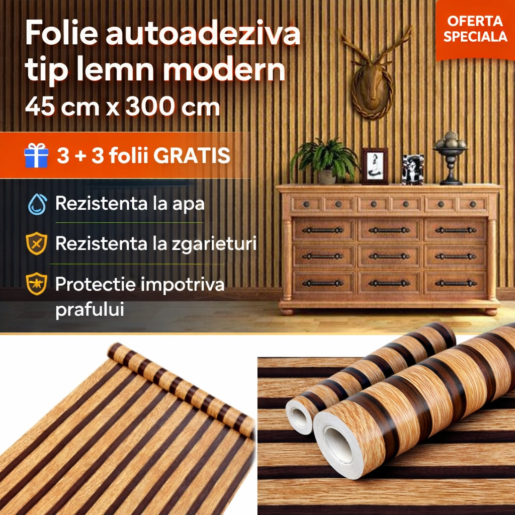 Set de 6 folii Autocolante pentru Mobilier și Pereți – Design Lemn Modern