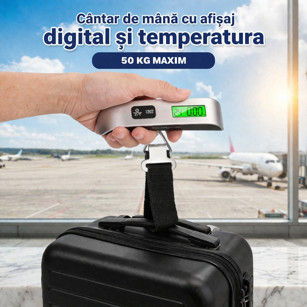 Cântar Digital Portabil pentru Bagaje, Sacose – Max 50KG cu Afișaj LCD si temperatura