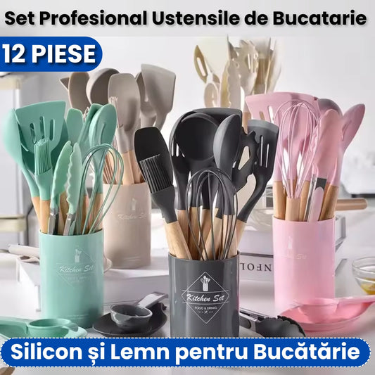 Set 12 Ustensile Bucătărie – Silicon & Lemn, Termorezistente