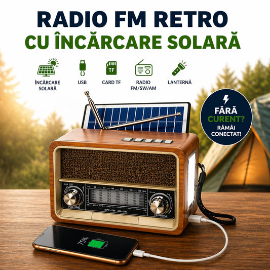Radio FM Retro cu Încărcare Solară – Multifuncțional, USB, Lanternă