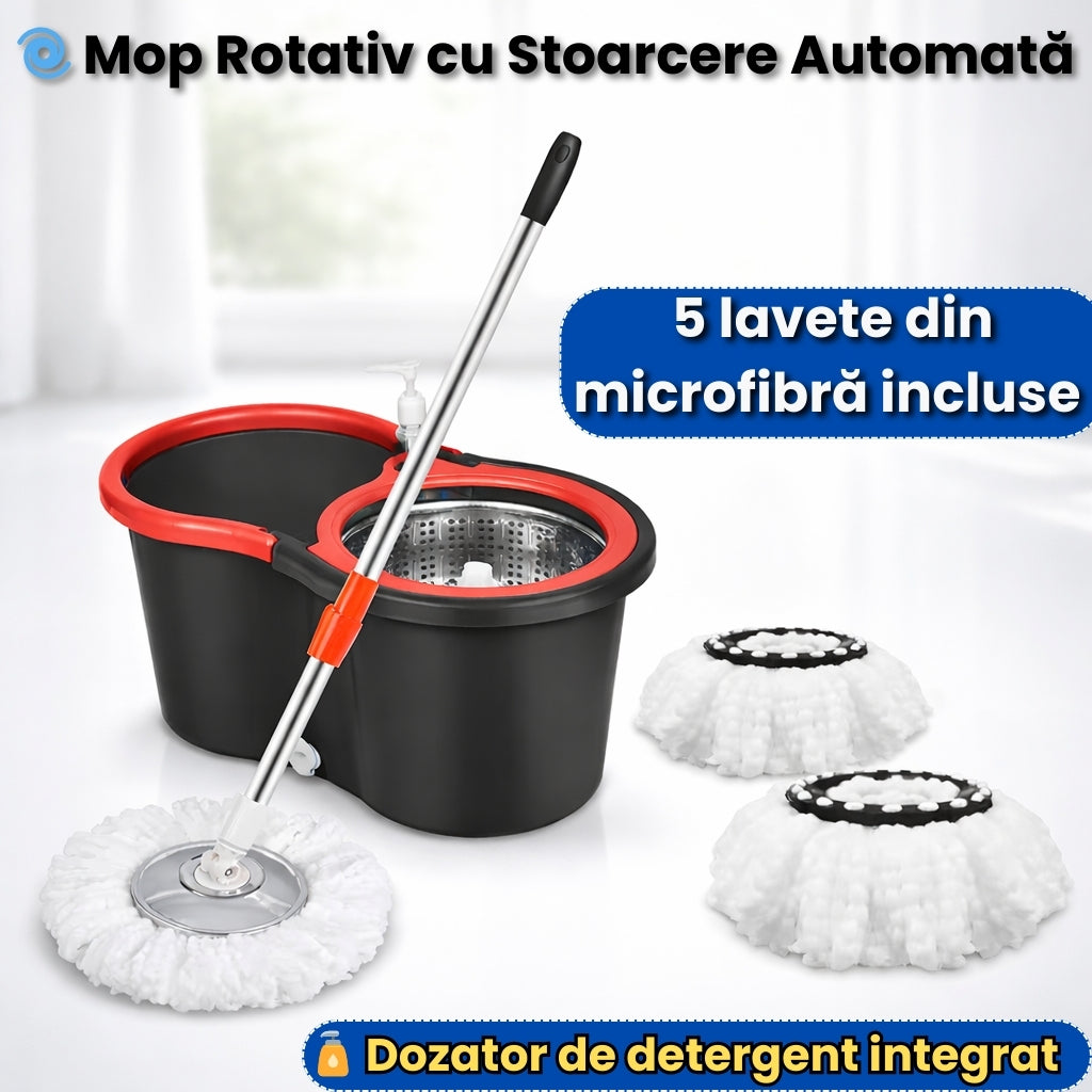 Mop Rotativ și Găleată cu Sistem de Stoarcere și Curățare - Mâner Reglabil + 5 Rezerve CADOU