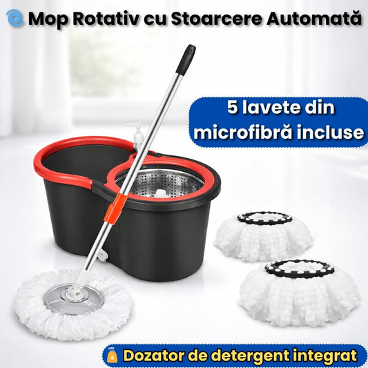 Mop Rotativ și Găleată cu Sistem de Stoarcere și Curățare - Mâner Reglabil + 5 Rezerve CADOU