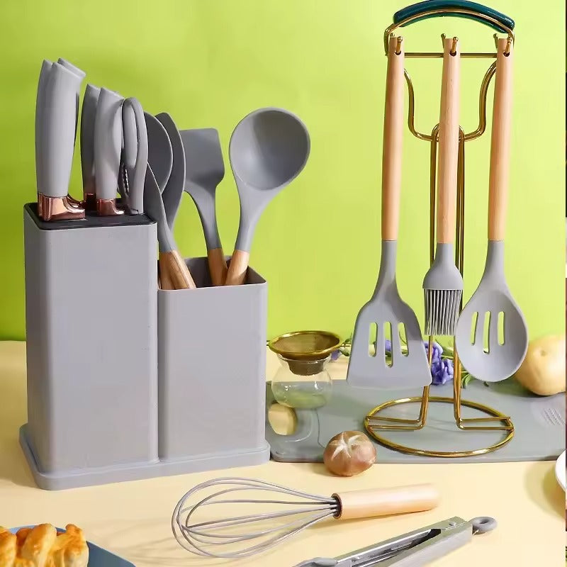 Set profesional 19 piese pentru bucătărie – silicon + inox + lemn