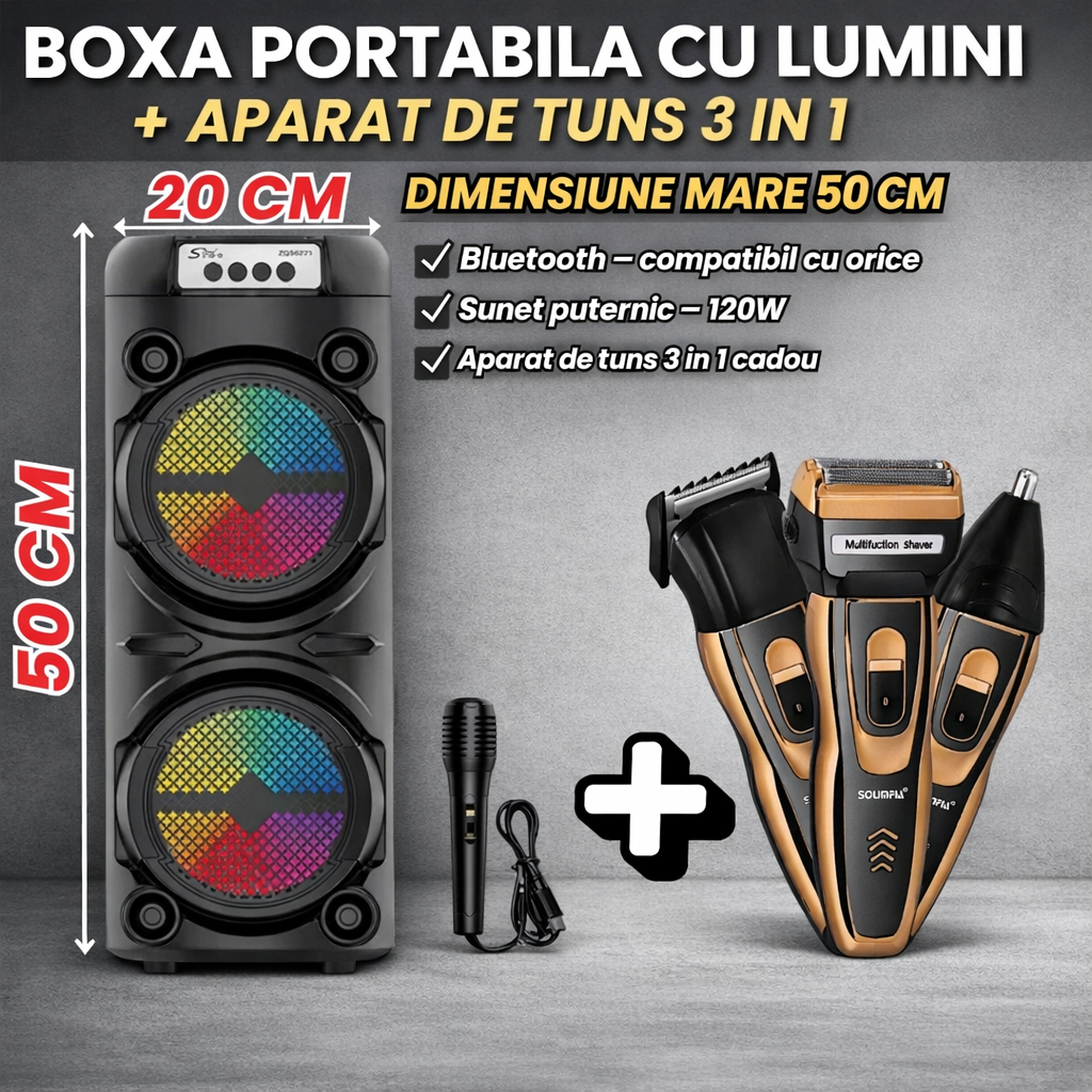 Boxă Portabilă cu Lumini LED + Aparat de Tuns 3 în 1 – Set Promo Cadou